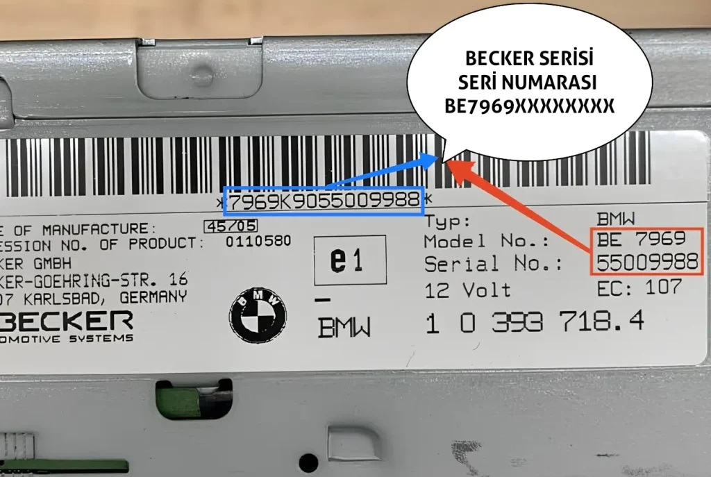 BMW Becker Model Radyo Teyp Seri Numarası Etiketi Örneği