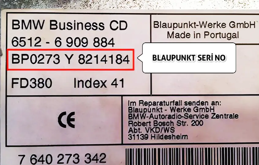 BMW Blaupunkt Radyo Teyp Seri Numarası Etiketi Örneği