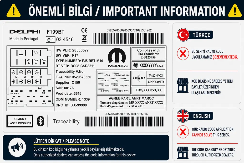 Fiat Delphi F199BT Mopar Radyo Kodu Desteklenmiyor