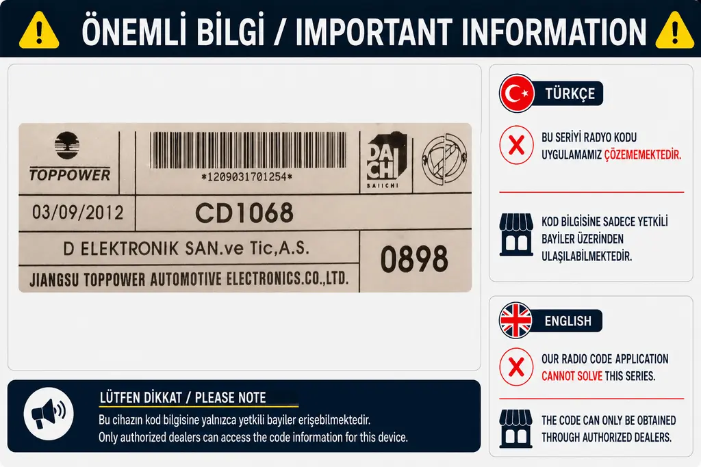 Fiat Toppower CD1068 Radyo Kodu Desteklenmiyor