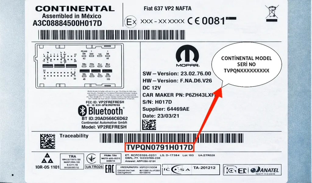 Chrysler TVPQN Continental Radio Code Serial No