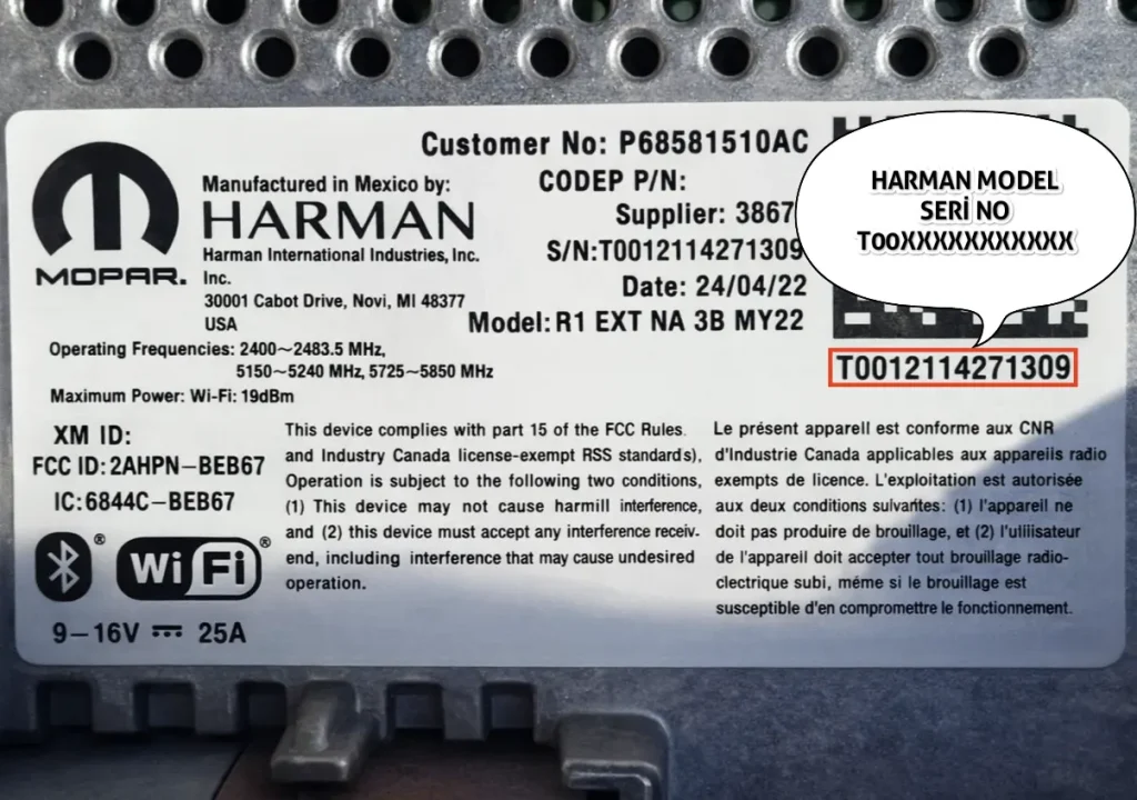 Chrysler Harman Radio Serial Number Example 2