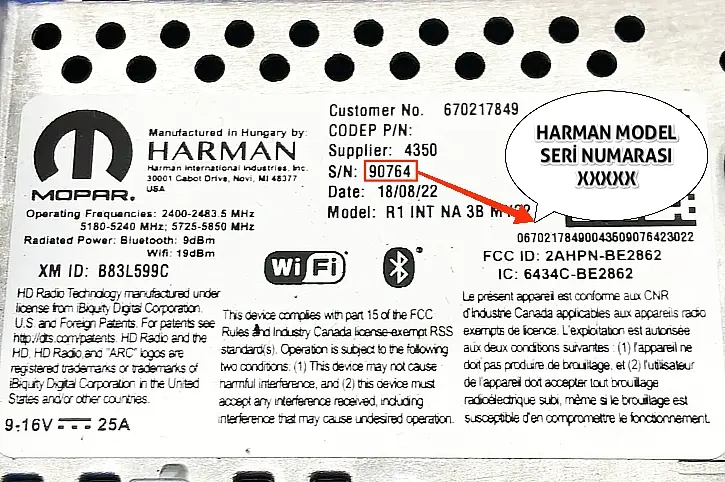 Maserati Harman Radyo Seri Numarası T00BE Örneği