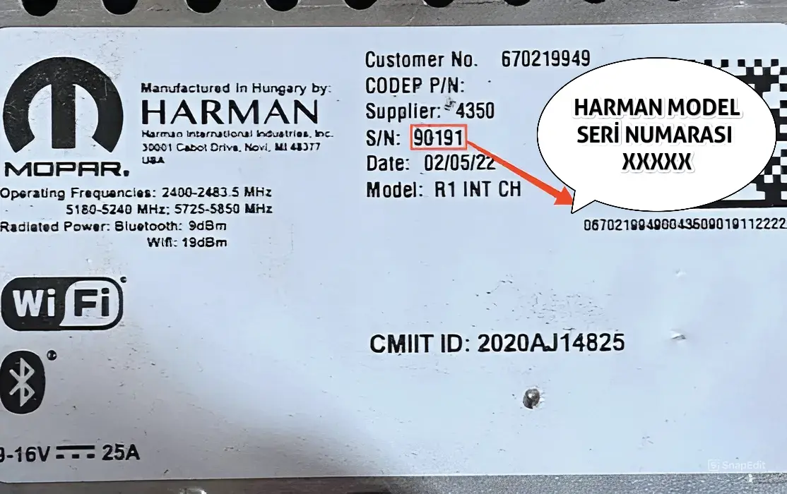 Maserati Harman 5 Haneli S/N Seri Numarası Örneği
