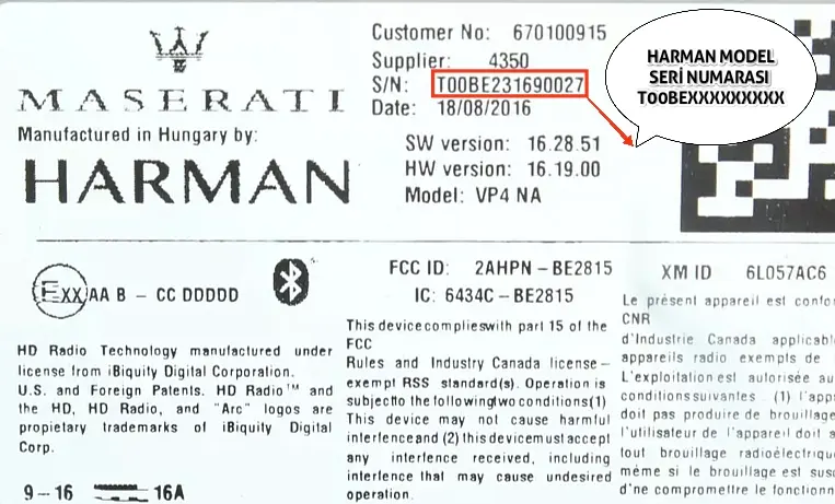 Maserati Harman Radyo Kodu Etiket Örneği