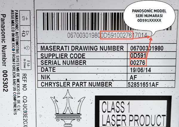 Maserati Panasonic Radyo Kodu 0D591 Seri No