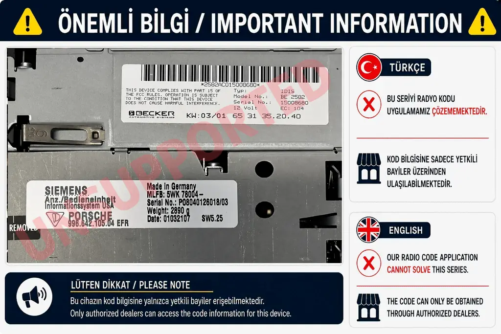 Porsche Becker BE 2582 PCM Desteklenmeyen Seri Numarası Örneği